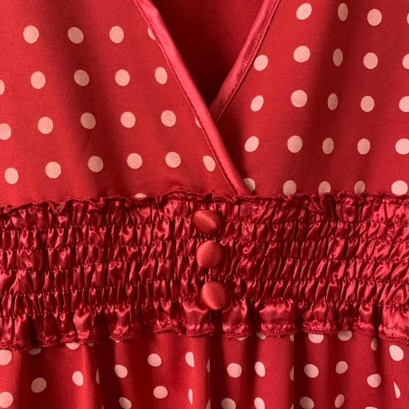 🌷3 for$20🌷TSC, US M, Red Polka Dot Shirred Waist V-Neck Cap Sleeved Top - Picture 6 of 9
